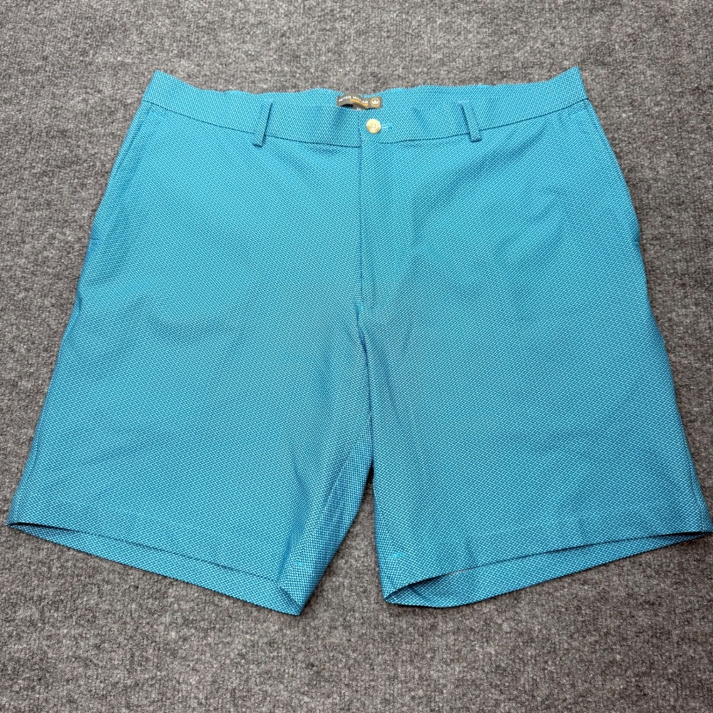 Peter Millar Crown Sport Mens 36 Teal Blue Geometric Fish Scale Golf Shorts 9in